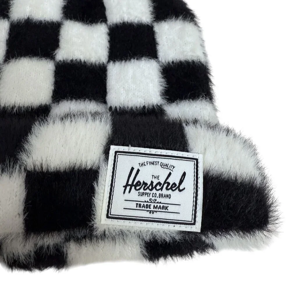 HERSCHEL Polson Faux Mohair Beanie Black White Hat Checkerboard Harlequin